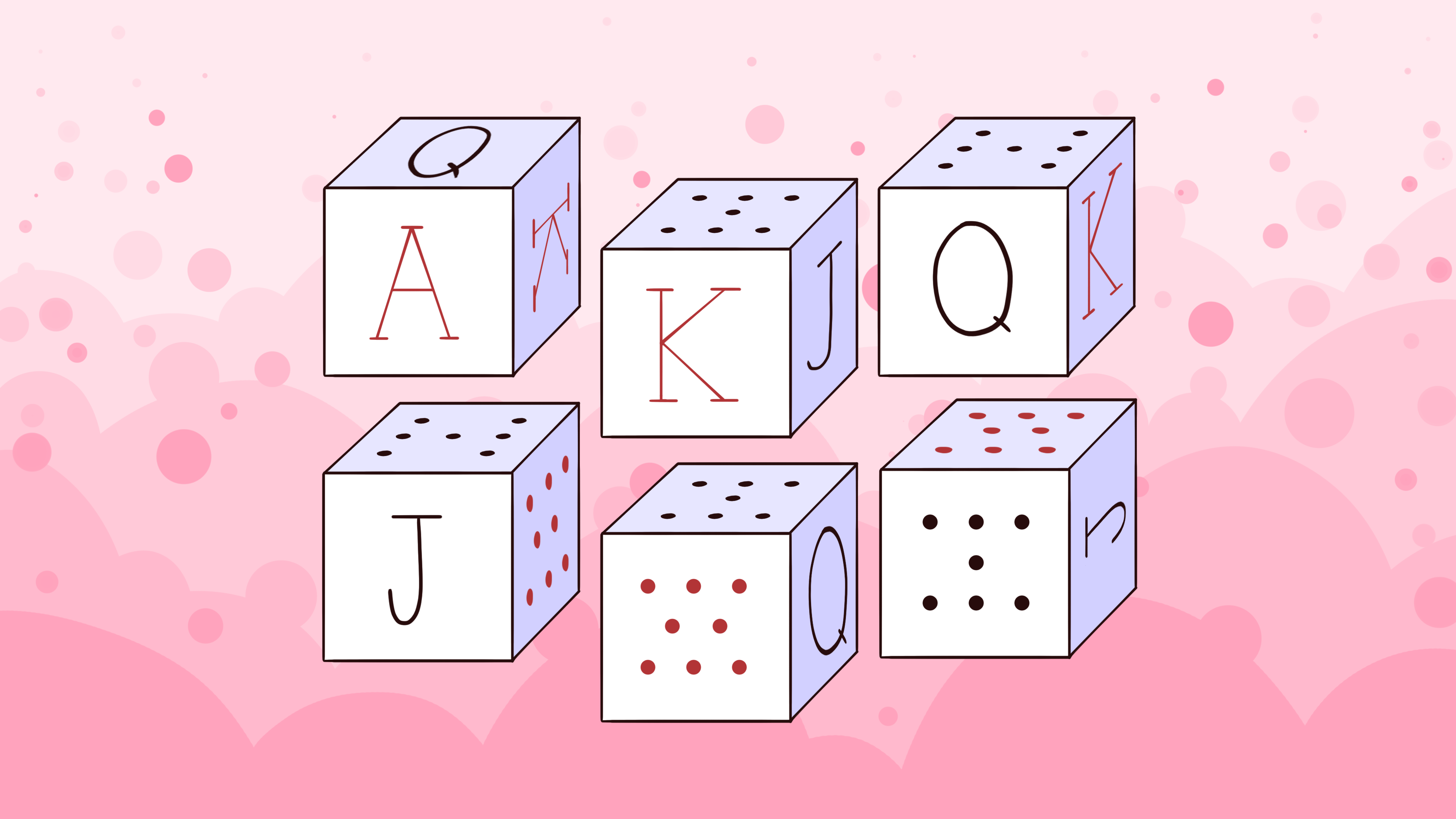 Illustrasjon av spanske pokerterninger med kortansikter A, K, Q og J mot rosa bakgrunn